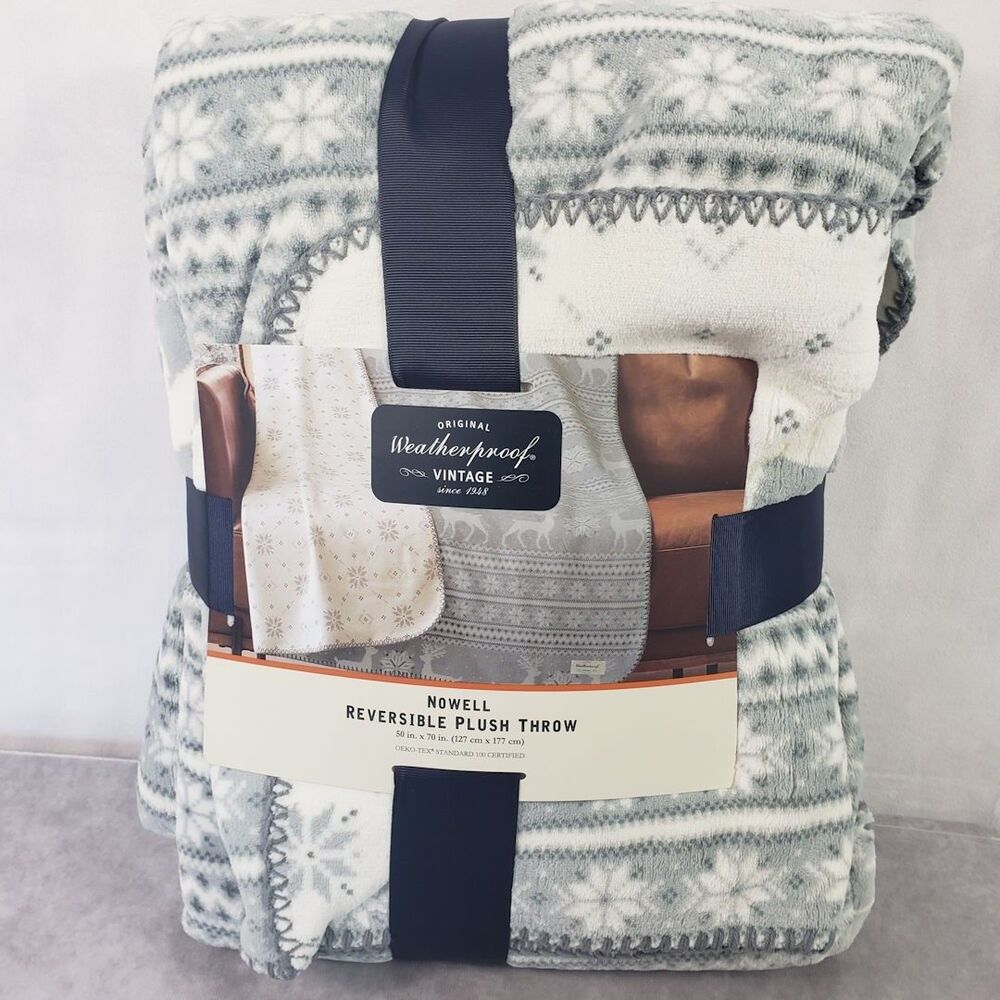 Weatherproof Vintage Reversible Plush Throw Blanket Nowell 50x70 Fairisle Snowfl